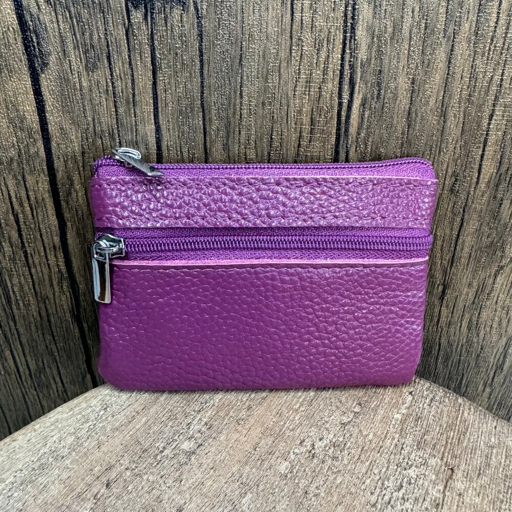Coin Purse Purple Wallet  4 x 3 Genuine Leather Wallet Double Zip Pouch NEW